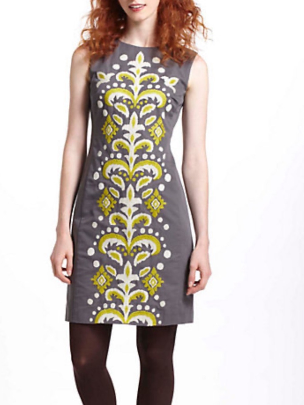 Tabitha Anthropologie Gray Green Embroidered Knit Sheath Dress Sleeveless 12
